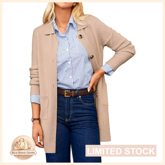 Long Cardigan Sweater Button Knit Blazer Style Open Front Pockets Fall